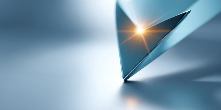 Close-up of a reflective triangular prism with sunlight creating a bright starburst effect on a smooth surface