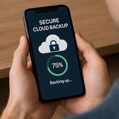 Close-up of smartphone displaying secure cloud backup process