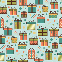 Playful Christmas Pattern Vector. Seamless Pattern greeting cards Background with Presents, Candy Dots and Dash Strokes. seasonal christmas background