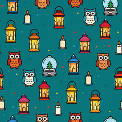 Christmas Pattern Vector. Seamless Christmas Lantern Pattern with Owl. Merry Christmas Seamless Pattern Background.