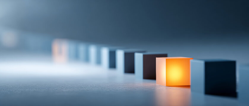 Row of small cubes with one glowing orange cube standing out in a dimly lit environment symbolizing uniqueness and innovation