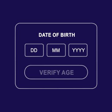 Futuristic website age gate overlay with birthdate input & verify button. Clean UI/UX, modern web interface animation 4K.
