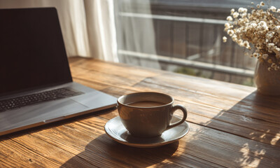 Coffee Cup Beside Laptop On Wooden Table