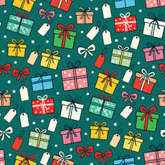 Christmas Pattern Vector. Seamless Christmas Present Pattern with Bow and Ribbon. Merry Christmas Gifting Seamless Pattern Background. Perfect for textile, wallpaper or print design.