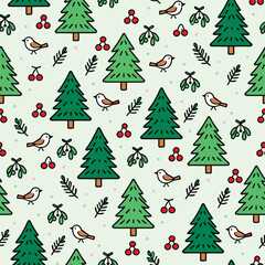 Christmas Pattern Vector. Seamless Christmas Tree Pattern with Bird and Berries. Merry Christmas Festive Seamless Pattern Background. Perfect for textile, wallpaper or print design.