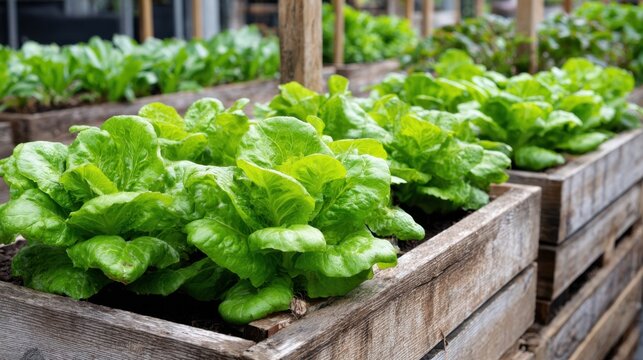 Vibrant green lettuce grows in neatly arranged wooden boxes within an urban garden. The plants bask in the warm sunlight, signaling the growth of spring and sustainable gardening practices. - Powered by Adobe