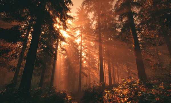 Cinematic Autumn Forest With Morning Golden Mist