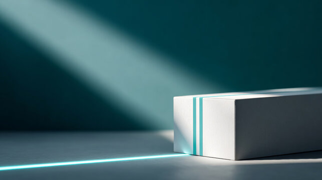 Minimalist white rectangular box with blue stripes illuminated by a focused beam of light on a smooth surface against a dark teal background