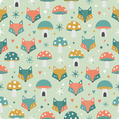 Christmas Fox Pattern Vector. Seamless Forest Pattern Background with Fox, Mushroom, and Star.