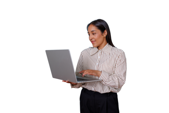 Woman working on laptop, typing and networking while standing, managing business online, transparent background