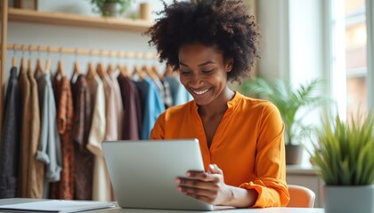 Smiling African American woman manages clothing store from home office using tablet. She works on fashion business with online sales and remote management of inventory and orders.
