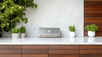 Outdoor Kitchen Stainless Grill, Marble Countertop and Lush Greenery, BBQ ,Design