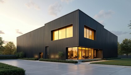 Obraz premium Modern dark grey commercial building features sleek facade at dusk. Large windows show bright yellow interior light. Empty outdoor parking area with green landscape surrounds contemporary warehouse,