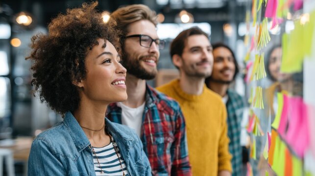 Group of young professionals collaborates in a bright office, smiling and engaged while looking at colorful sticky notes on a wall, sharing ideas during a brainstorming session.