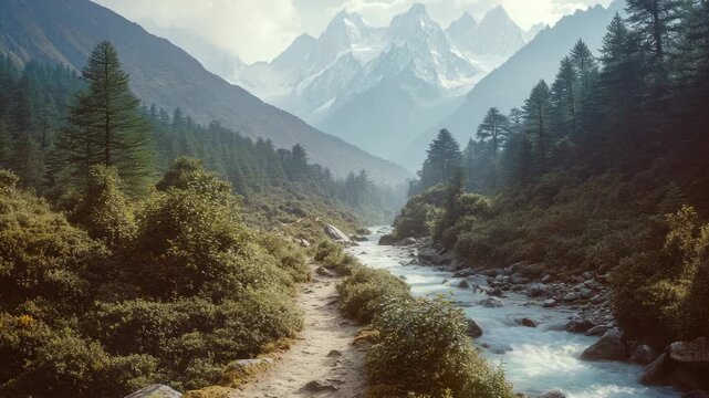 Natural, serene, lush greenery, tranquil stream, majestic mountains in distance