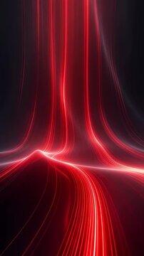 Futuristic red light streaks flowing upwards, pulsing and undulating against a dark background, resembling a digital interface or data stream.