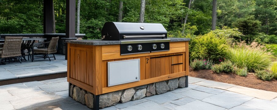 Outdoor Kitchen with Black Grill and Wood Cabinet, backyard , grilling