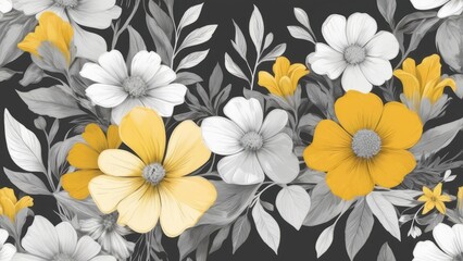 White and yellow daisies on dark floral background