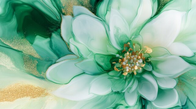 Emerald Bloom Golden Accent Floral Art,Ink art ,Abstract flower