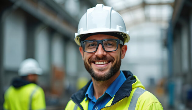 Happy young bearded man wearing white hard hat, black glasses, safety jacket smiles confidently. Engineer technician works in modern industrial factory building site. Professional male worker - Powered by Adobe