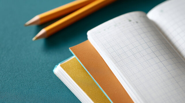 Close-up of open graph paper notebook with colored dividers and two sharpened pencils on teal surface