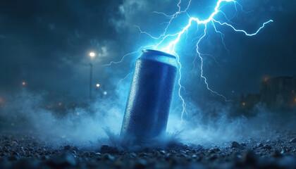 Blue energy drink can stands on wet ground surrounded by smoke and lightning bolts. Electric discharges illuminate dark sky. Can is covered with water drops and has a dynamic glow.