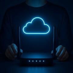 Wi-Fi router glowing in blue light, symbolizing cloud connectivity