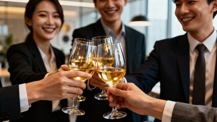 Champagne glasses clink in triumphant harmony within a sleek boardroom, where smiling executives celebrate a landmark deal that marks the pinnacle of corporate achievement and future prosperity
