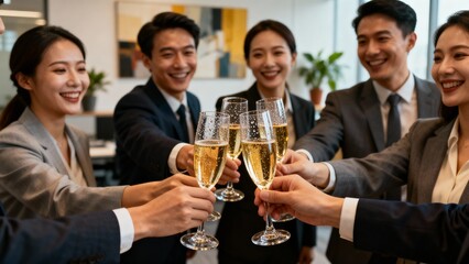 Explode with victorious energy as a dynamic team raises toasts in a modern office, sealing a major business milestone with infectious enthusiasm and unbreakable professional bonds