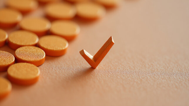 Close-up of textured orange checkmark standing upright among round discs on a smooth surface with shallow depth of field - Powered by Adobe