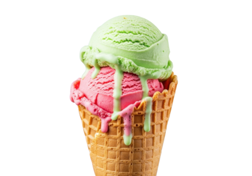 Single Waffle Cone Ice Cream with Melting Scoop, Pastel Background, Macro Shot
