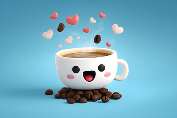 Cute coffee cup character with coffee beans and hearts floating above in a playful scene