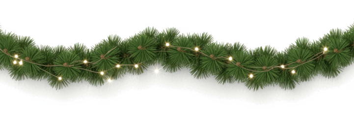 Christmas tree garlands on transparent background. Realistic pine-tree branches with glowing sparkling Christmas lights decoration. Vector border for holiday banners, party posters, cards, headers.