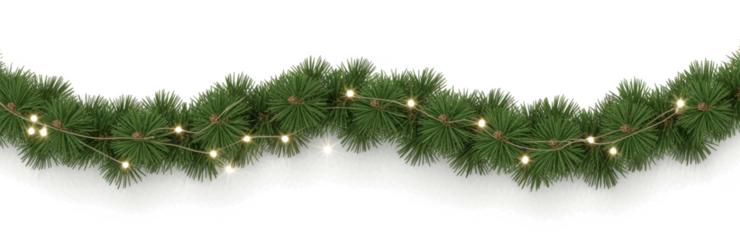 Christmas tree garlands on transparent background. Realistic pine-tree branches with glowing sparkling Christmas lights decoration. Vector border for holiday banners, party posters, cards, headers.