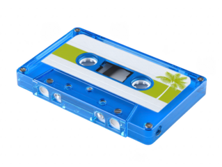 Blue transparent audio cassette tape with retro design, palm tree illustration, and white green label, isolated on transparency background, nostalgic and vintage music media