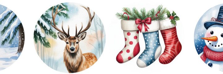 watercolor illustration of christmas tree, snowman, stockings, reindeer on circle shaped background
