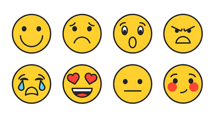 Flat vector icons of emotional emojis simplified: smiley face, sad face, angry face, surprised face, crying face, love heart eyes, neutral face, blushing cheeks