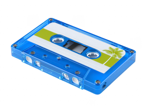 Blue transparent audio cassette tape with retro design, palm tree illustration, and white green label, isolated on transparency background, nostalgic and vintage music media