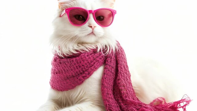 Adorable pink cat wearing sunglasses and a scarf, looking stylishly fashionable.