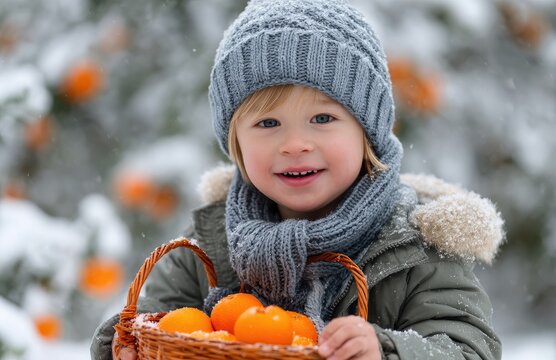 a cute little boy wearing winter and a woolen hat, holding an orange basket in his hand