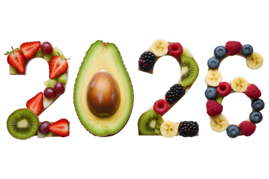 The year 2026 creatively spelled out with fresh fruits and vegetables, isolated on transparent background
