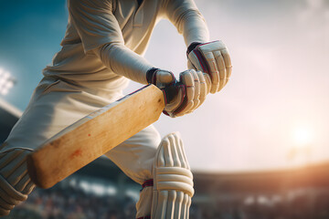Cricketer preparing to bat during a match at an outdoor stadium in the evening light