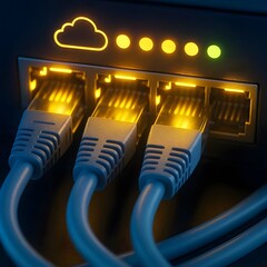Close-up of network cables and glowing router LEDs symbolizing cloud data flow.