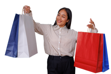 Happy woman holding colorful shopping bags after successful retail therapy, enjoying seasonal sale and consumer experience