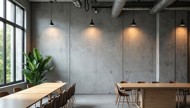 Modern office interior with concrete walls, large windows, and wooden tables. Empty chairs await meeting or work. Natural light illuminates the space.