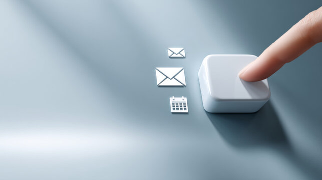 Finger pressing a white square button with floating email and calendar icons on a smooth blue-gray surface representing digital communication and scheduling - Powered by Adobe