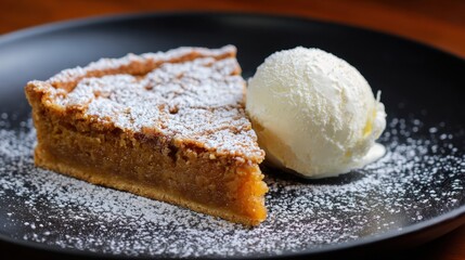 A slice of pumpkin pie with a golden crust is served alongside a scoop of creamy vanilla ice cream. A dusting of powdered sugar adds a sweet touch to the dessert presentation.