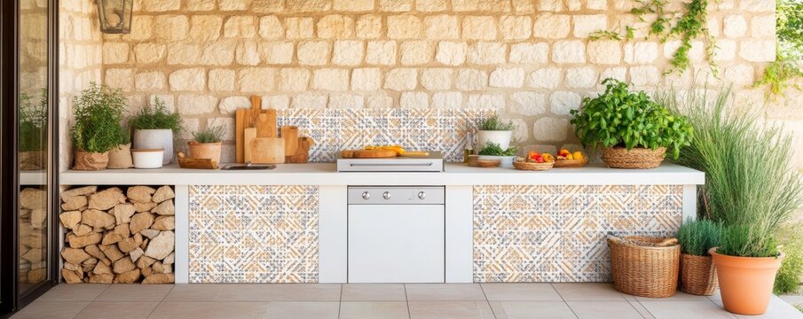 Outdoor Kitchen with Stone Wall, Woodpile and Herbs, Kitchen design , Outdoor living