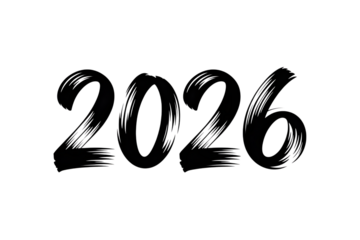 The year 2026 written in a bold, brushstroke font, isolated on a transparent background