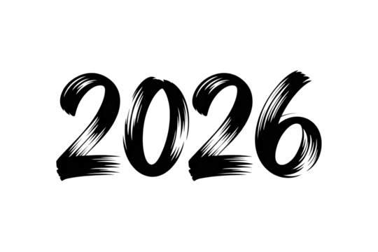 The year 2026 written in a bold, brushstroke font, isolated on a transparent background - Powered by Adobe